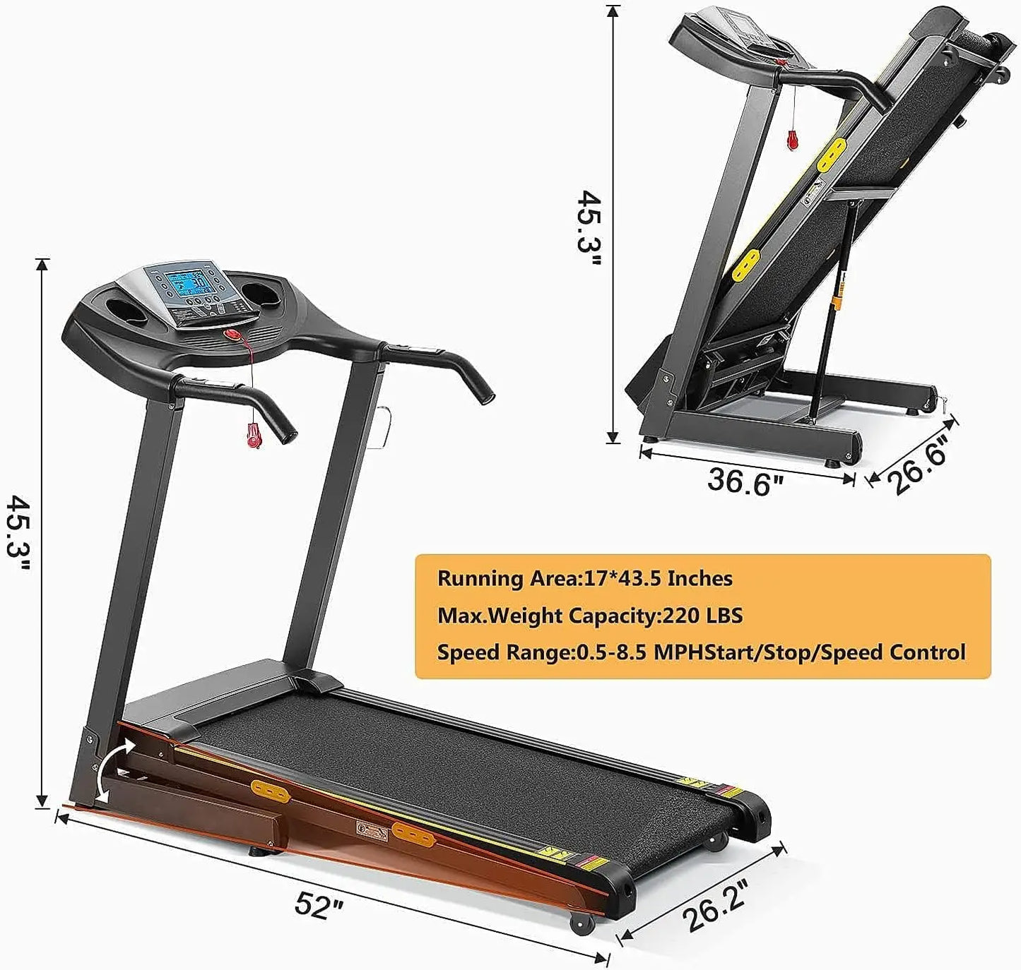 17'' Electric Treadmill with Auto Incline, 2.5HP/8.5MPH with 15 Training Programs