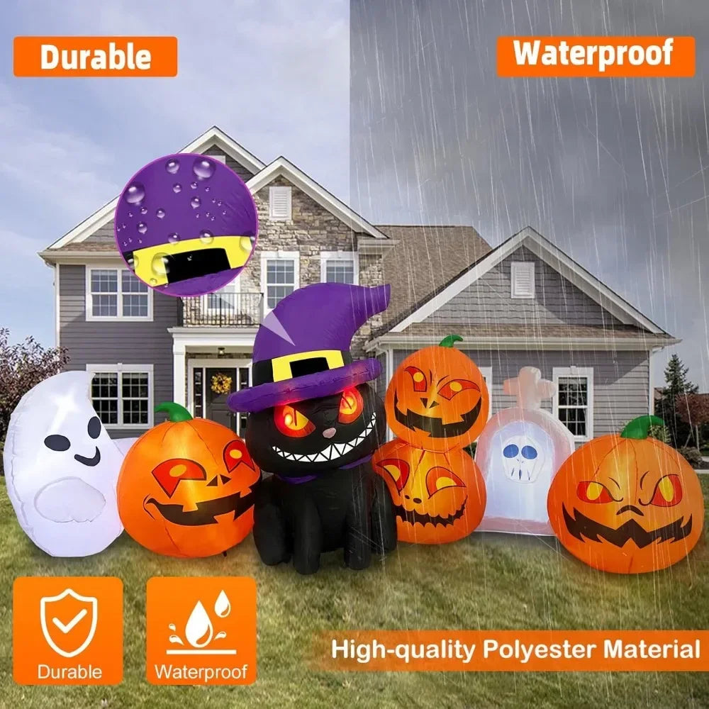 8 FT Long Outdoor Inflatable Black Cat Decor with Glowing Red Eyes, Pumpkin Lanterns and Tombstone