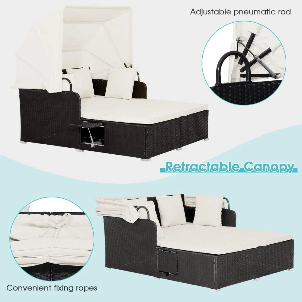 Outdoor Lounge Daybed with Retractable Canopy & 2 Folding Side Trays