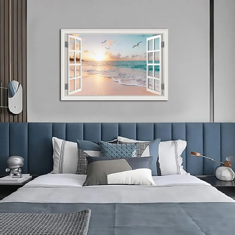 Window Frame Style Canvas Wall Decor Ocean Sunset Wall Art Picture