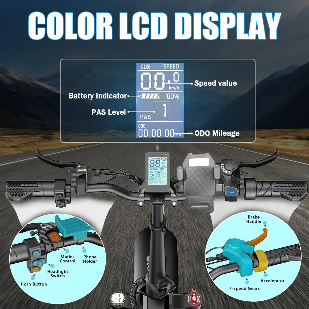 Electric Bike for Adults, Peak 1000W, Foldable E-Bike, 35mph 35-50 Miles.