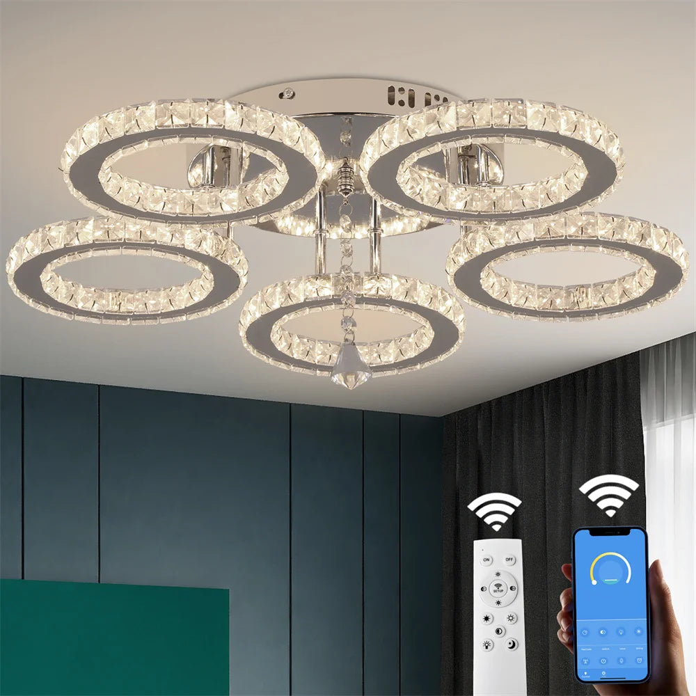 Crystal Chandelier with App Dimmable Ceiling Light Fixture Rings