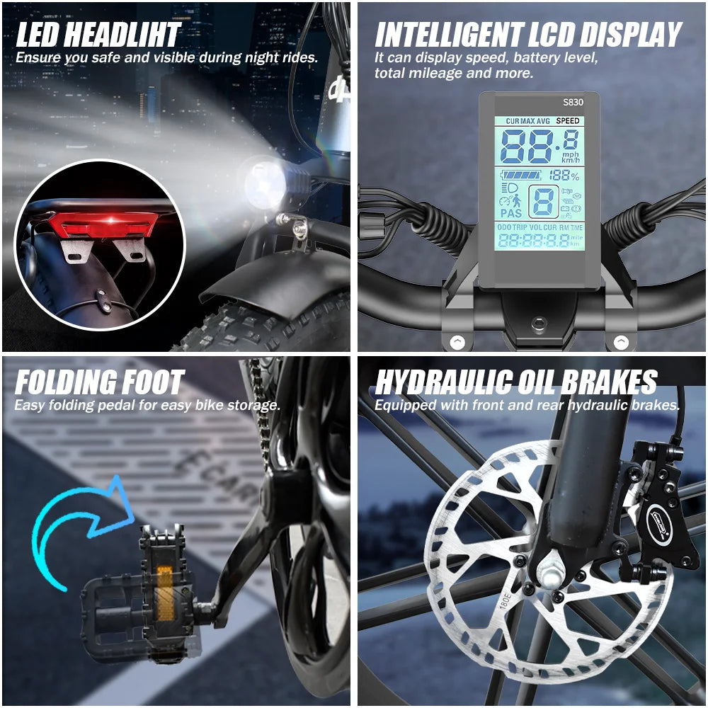 Electric Bike for Adults, Peak 1000W, Foldable E-Bike, 35mph 35-50 Miles.