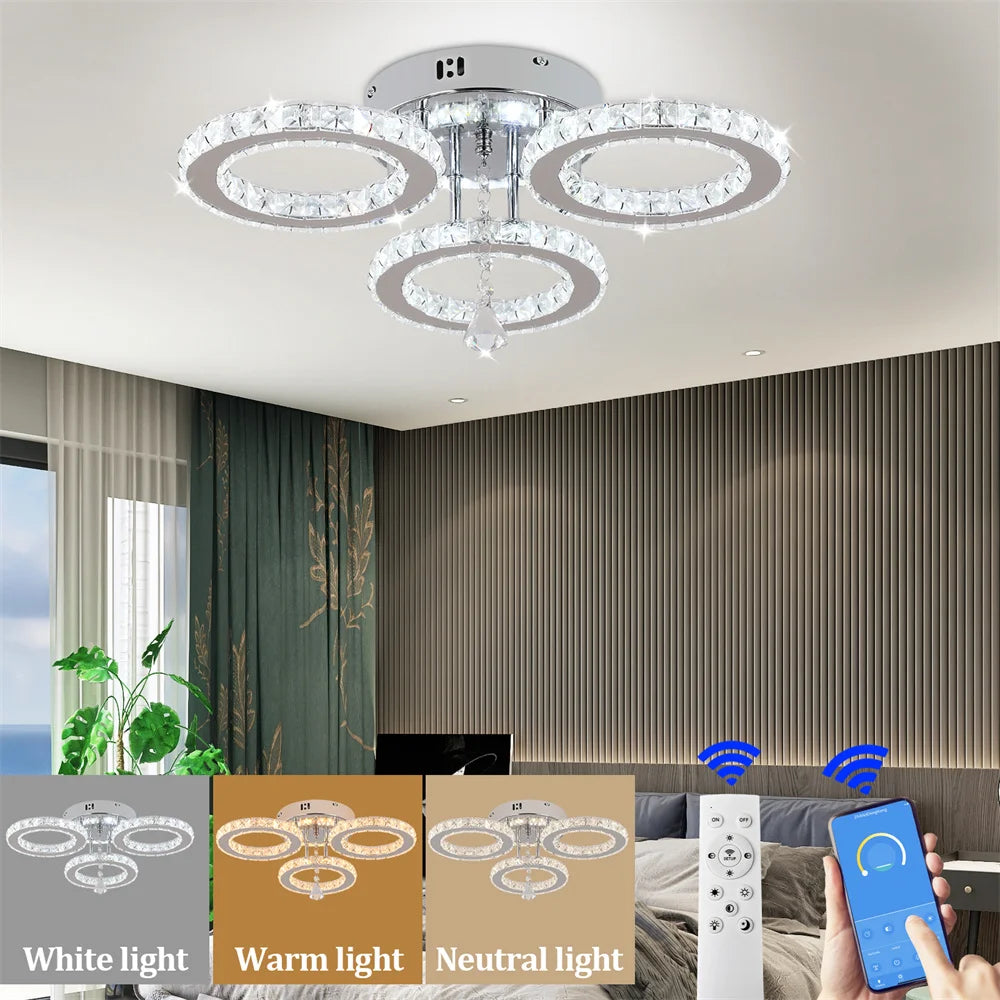 Crystal Chandelier with App Dimmable Ceiling Light Fixture Rings