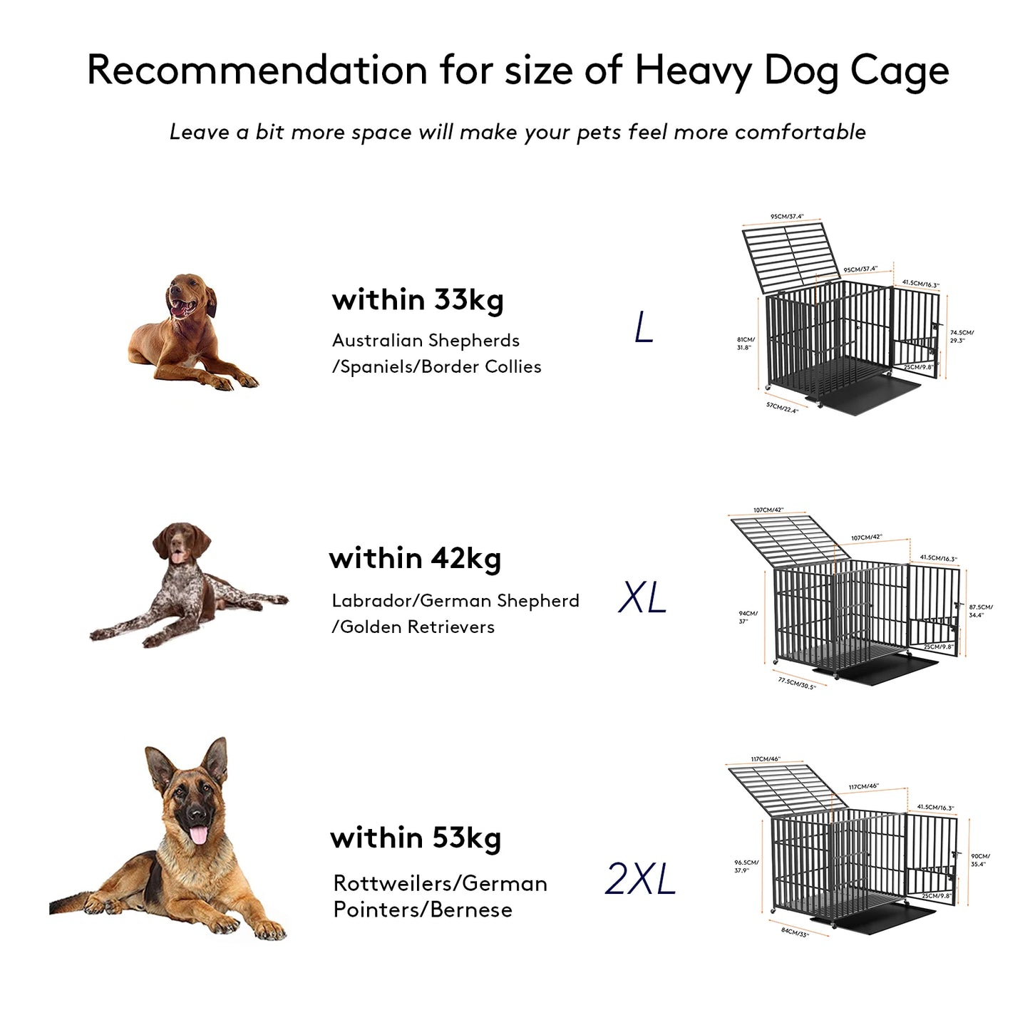 L, XL, XXL Heavy Duty Dog Crate with 4 Lockable Wheels; 3 Doors and Removable Tray