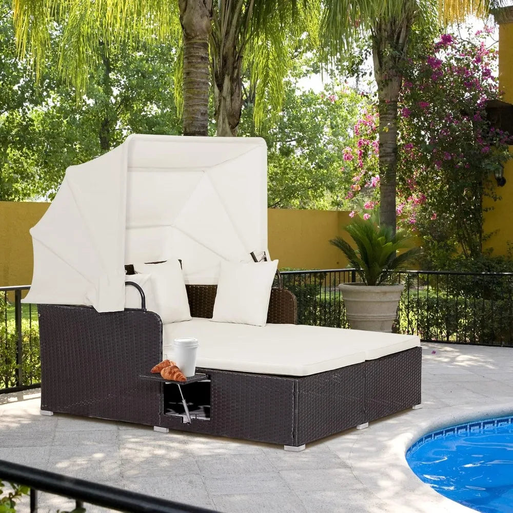 Outdoor Lounge Daybed with Retractable Canopy & 2 Folding Side Trays
